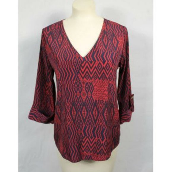 Blue Rain Tops - Blue Rain Navy + Red Aztec Print Blouse S Aztec